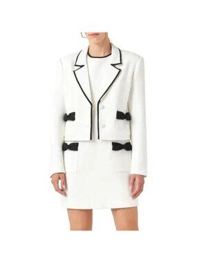 English Factory White Cropped Blazer W/ Black Trim & Bows, Size L, NWT! $120